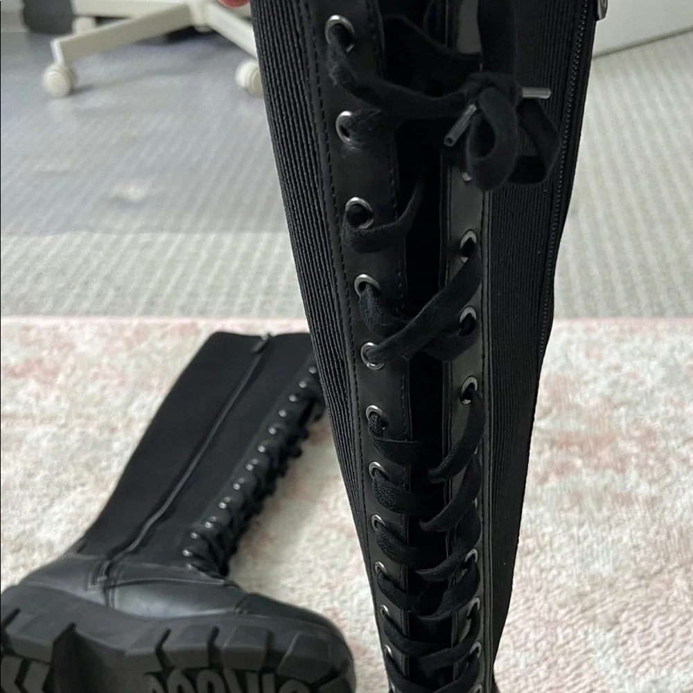 Black Lace-Up Knee-High Combat Boots - Women's - Picture 11 of 14